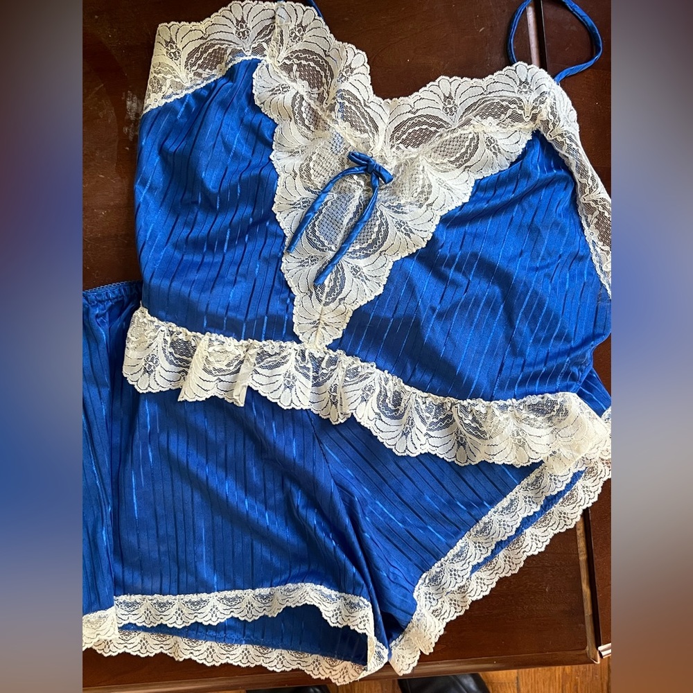 Vintage blue and lace pajama short and tank set